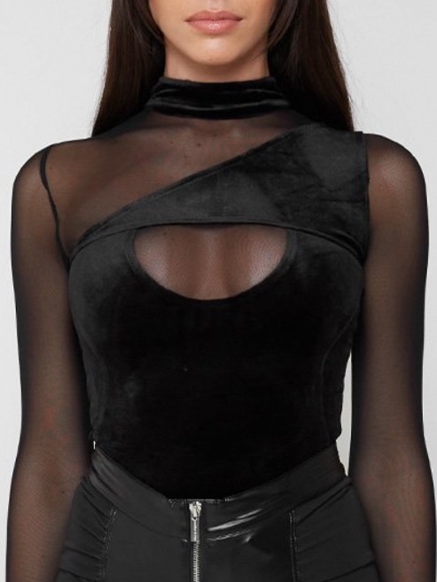 Black Mesh & Velvet Cutout Long-Sleeve Top